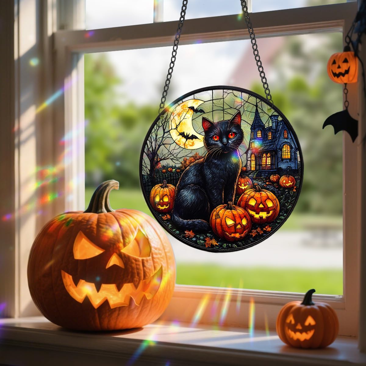 Halloween Sun Catcher - 8 Inch Round Suncatcher for Window Hanging Decoration - Creates Indoor Rainbows Light Refraction - Spooky Ghost, Witch, Pumpkin Design - Suction Cup Hook & Chain
