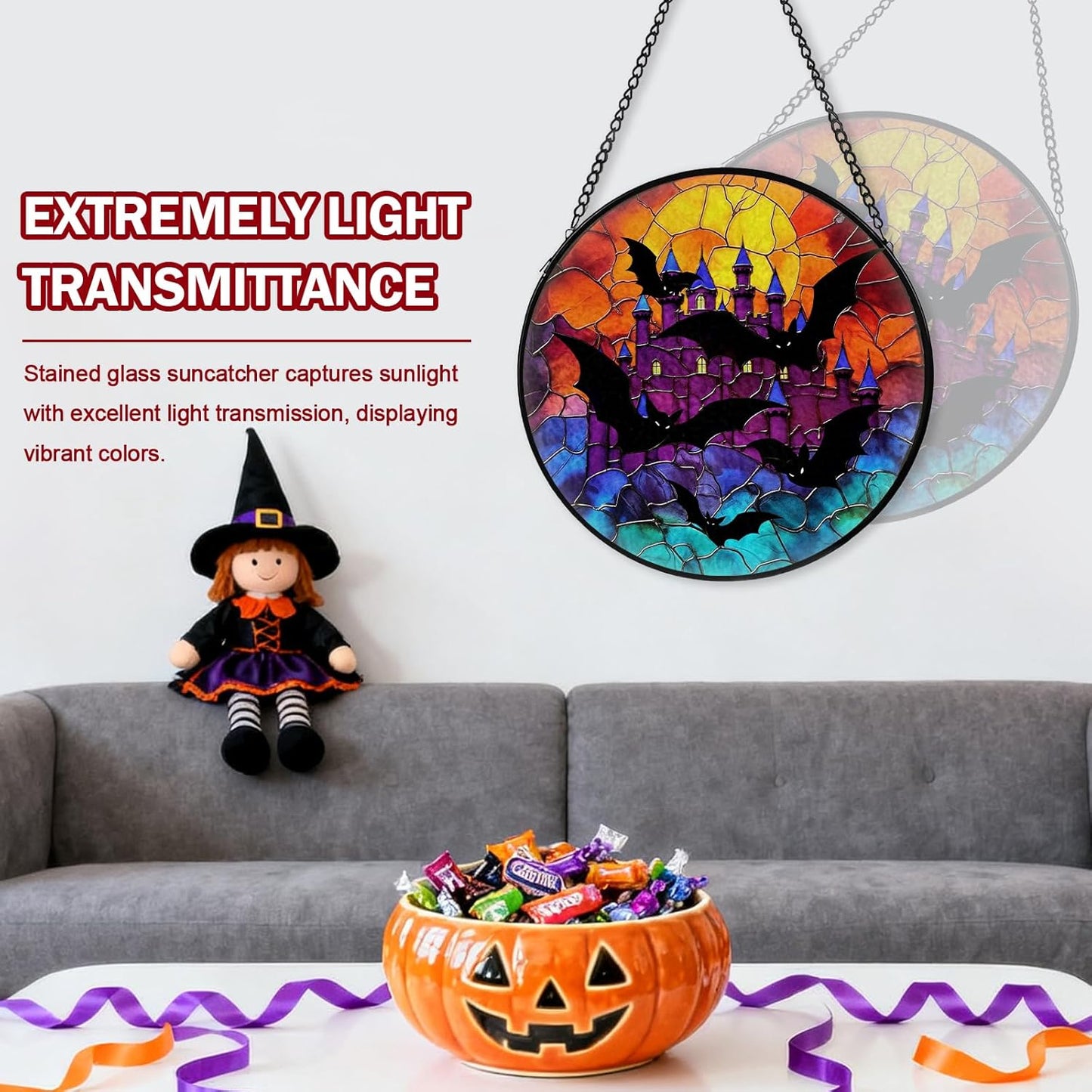 Halloween Stained Glass Window Hanging, Bat Suncatcher for Window Hanging, Moon Sun Catchers Indoor Windows Wall Art, Gifts for Bat Lovers, Christmas Decor, for Home Garden Office 7.87 inches