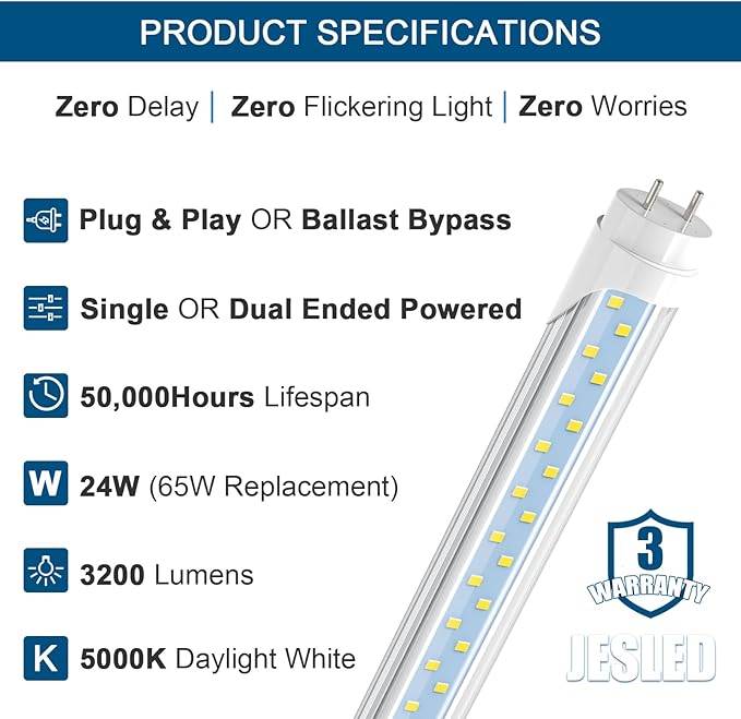 JESLED 4FT LED T8 Type A+B Tube Lights, 24W(65W Equivalent), 3200LM, 5000K, Single or Double End Powered, Plug and Play or Ballast Bypass, 4 Foot T10 T12 Fluorescent Bulbs Replacement, Clear(4-Pack)