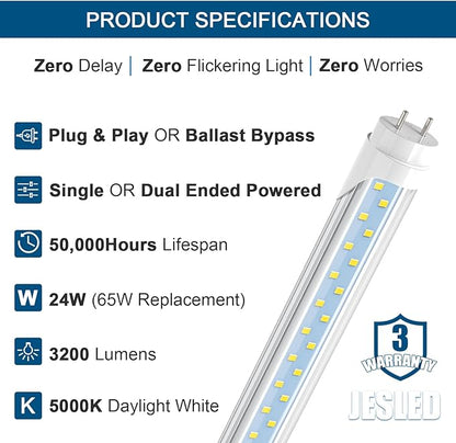 JESLED 4FT LED T8 Type A+B Tube Lights, 24W(65W Equivalent), 3200LM, 5000K, Single or Double End Powered, Plug and Play or Ballast Bypass, 4 Foot T10 T12 Fluorescent Bulbs Replacement, Clear(4-Pack)