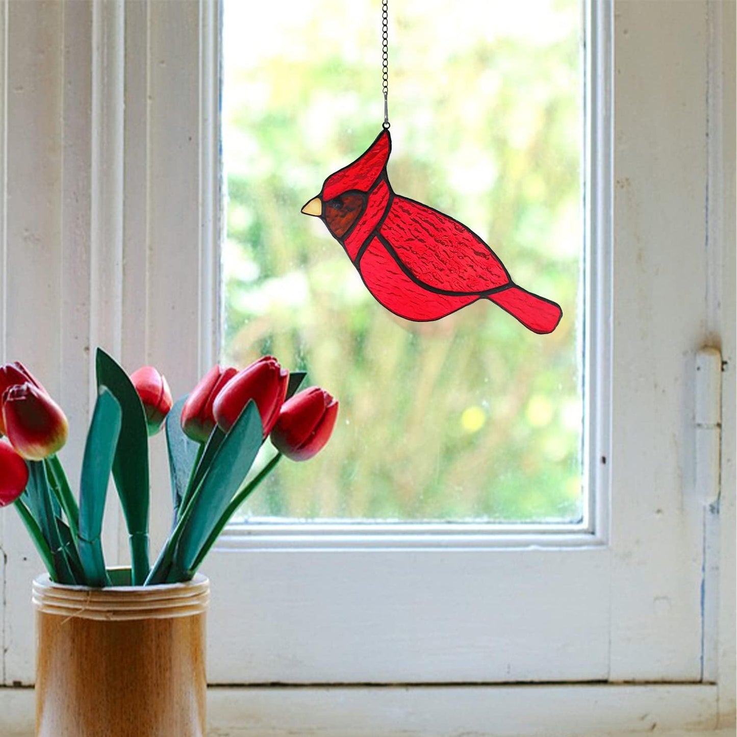 BOXCASA Red Cardinal Suncatcher for Window, Handmade Stained Glass Hanging, Memorial Gift for Loss of Loved One, Decor for Women Mom Grandma Nana