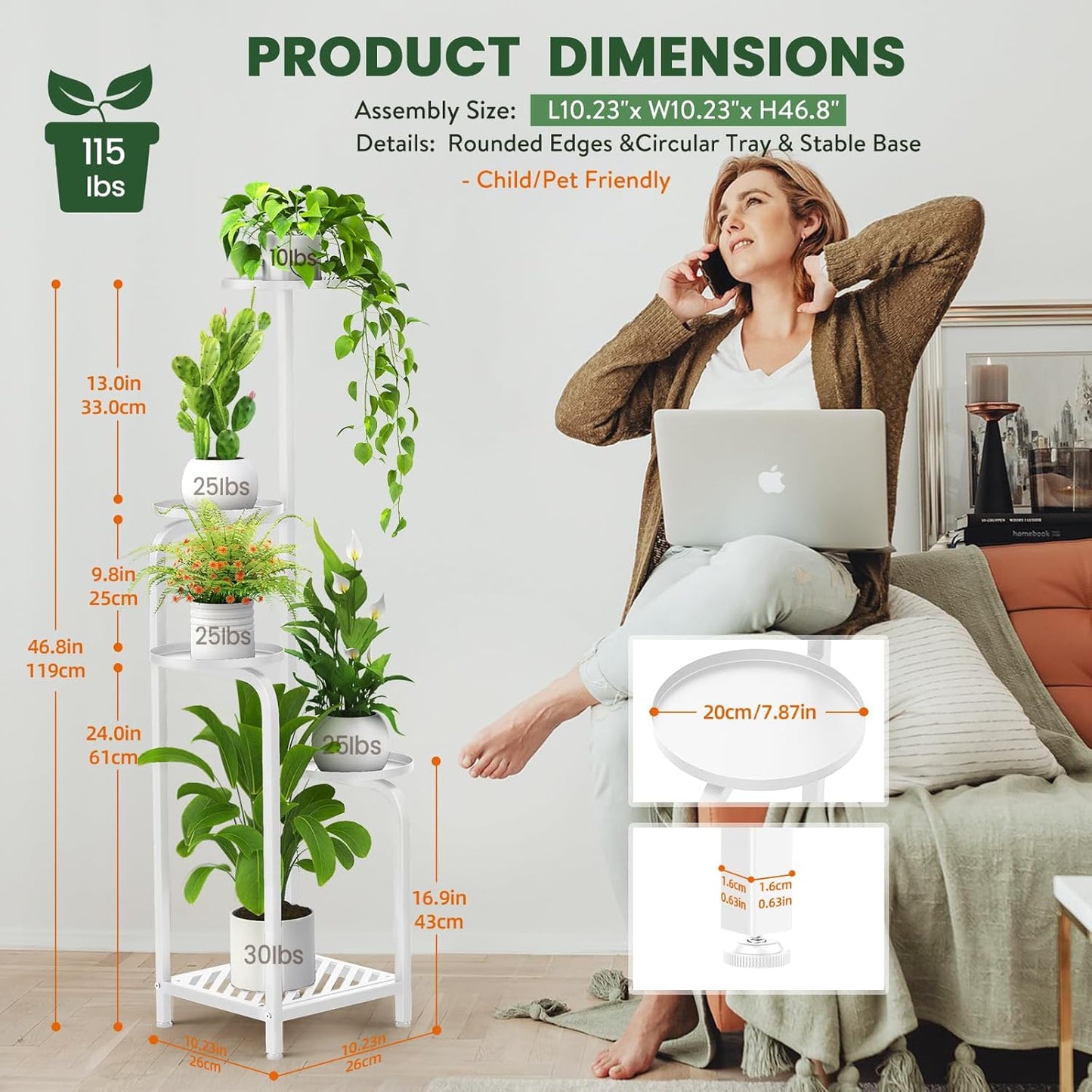 TOSKING 5 Tier Tall Plant Stand Indoor Outdoor, Heavy Duty Corner Shelf for Plants & Decor, Space Saving 3.9FT Metal Flower Pot Stand for Balcony, Garden, Living Room, Patio (White, 47in)
