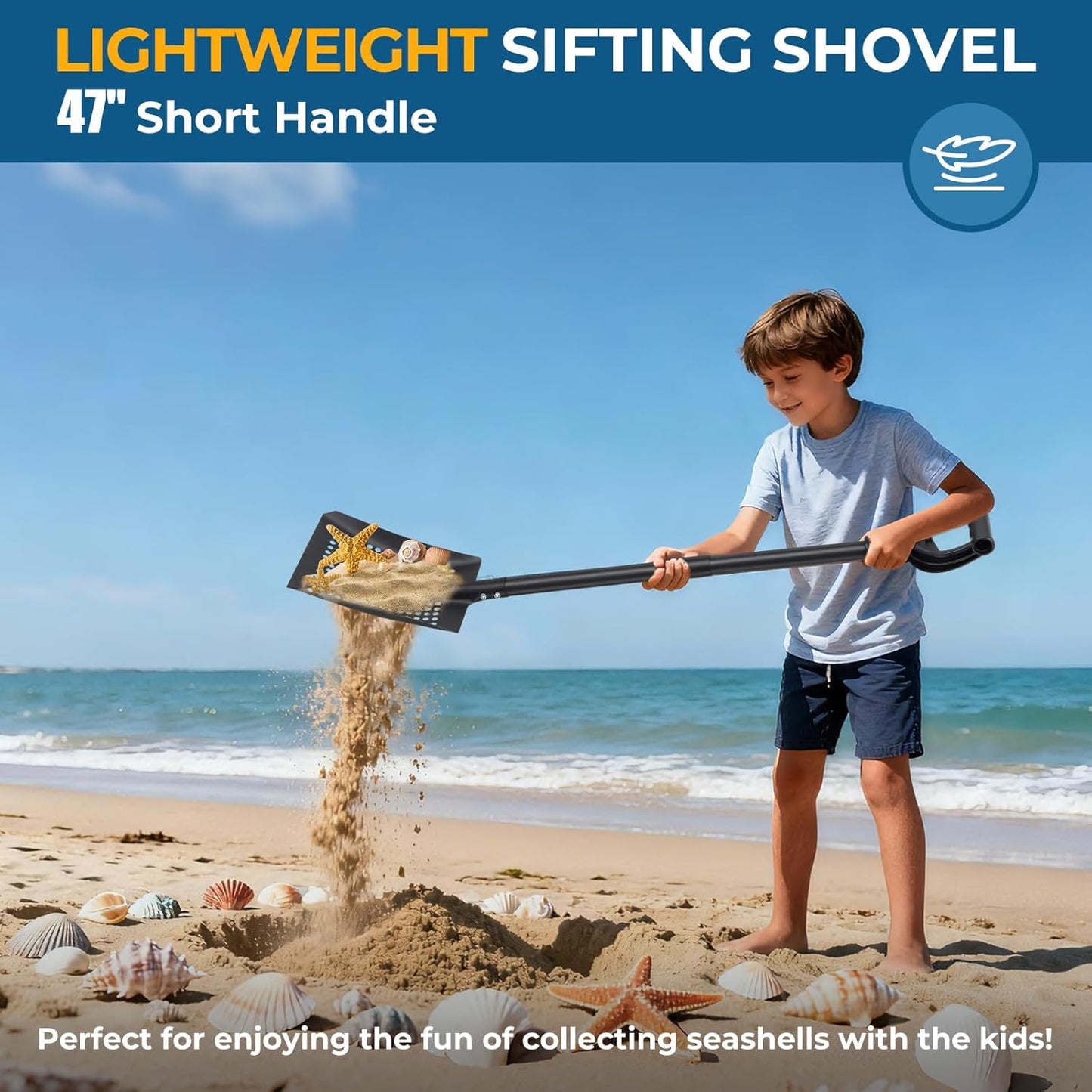 Beach Sifter Sand Scoop for Treasure Hunting, 47" Adjustable Metal Sand Sifter Shovel with Comfort Grip for Kids & Adults, High Sides for Shells & Relics