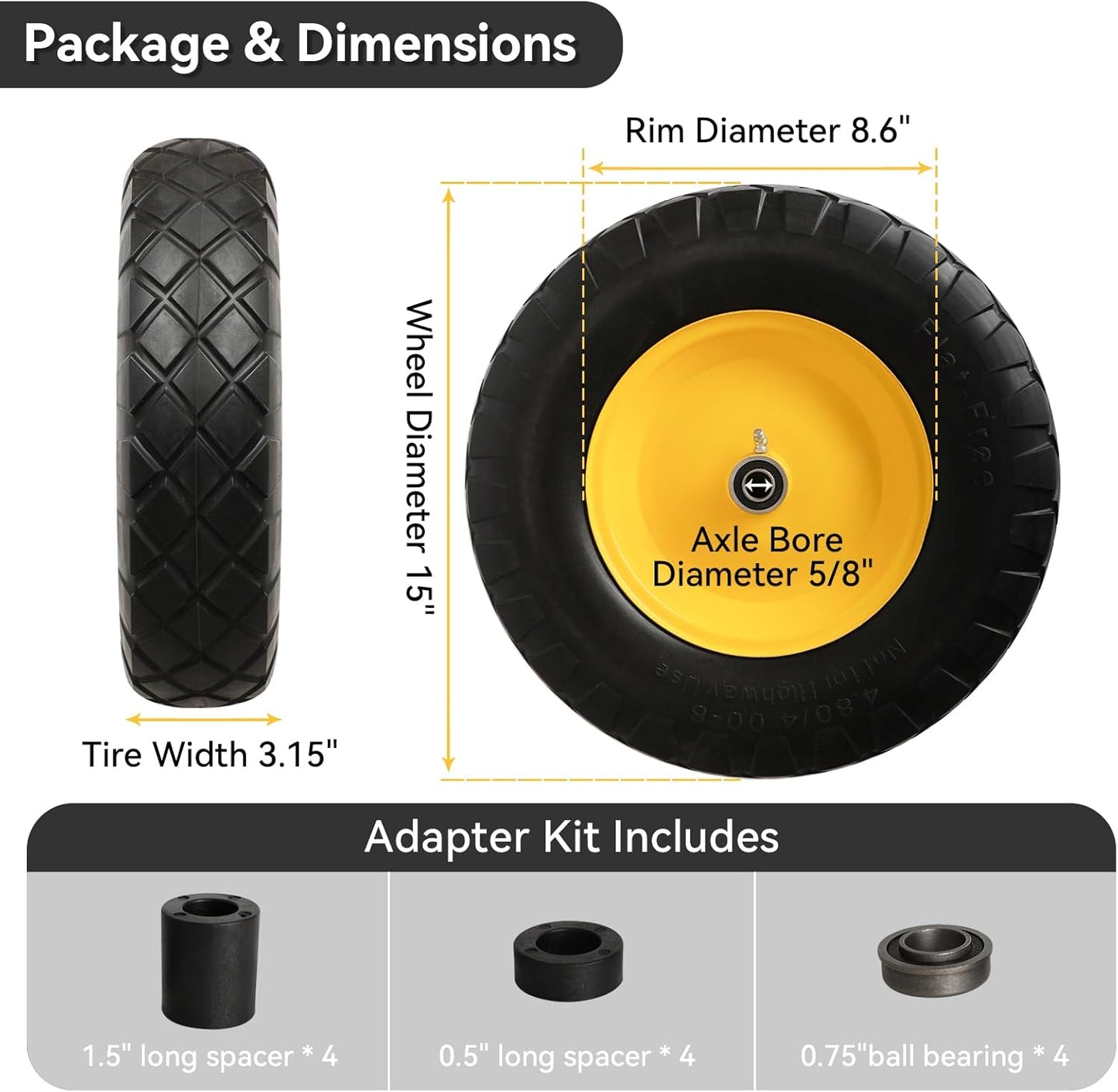 4.80/4.00-8" Tire and Wheel Assembly Set for Wheelbarrows, 5/8" or 3/4" Bore Wheelbarrow Tires for Utility Cart, Wheel Barrel, Wagon, Trailer, Dolly, 16" Solid Rubber Tires Without Flat Spots, 2 Pack