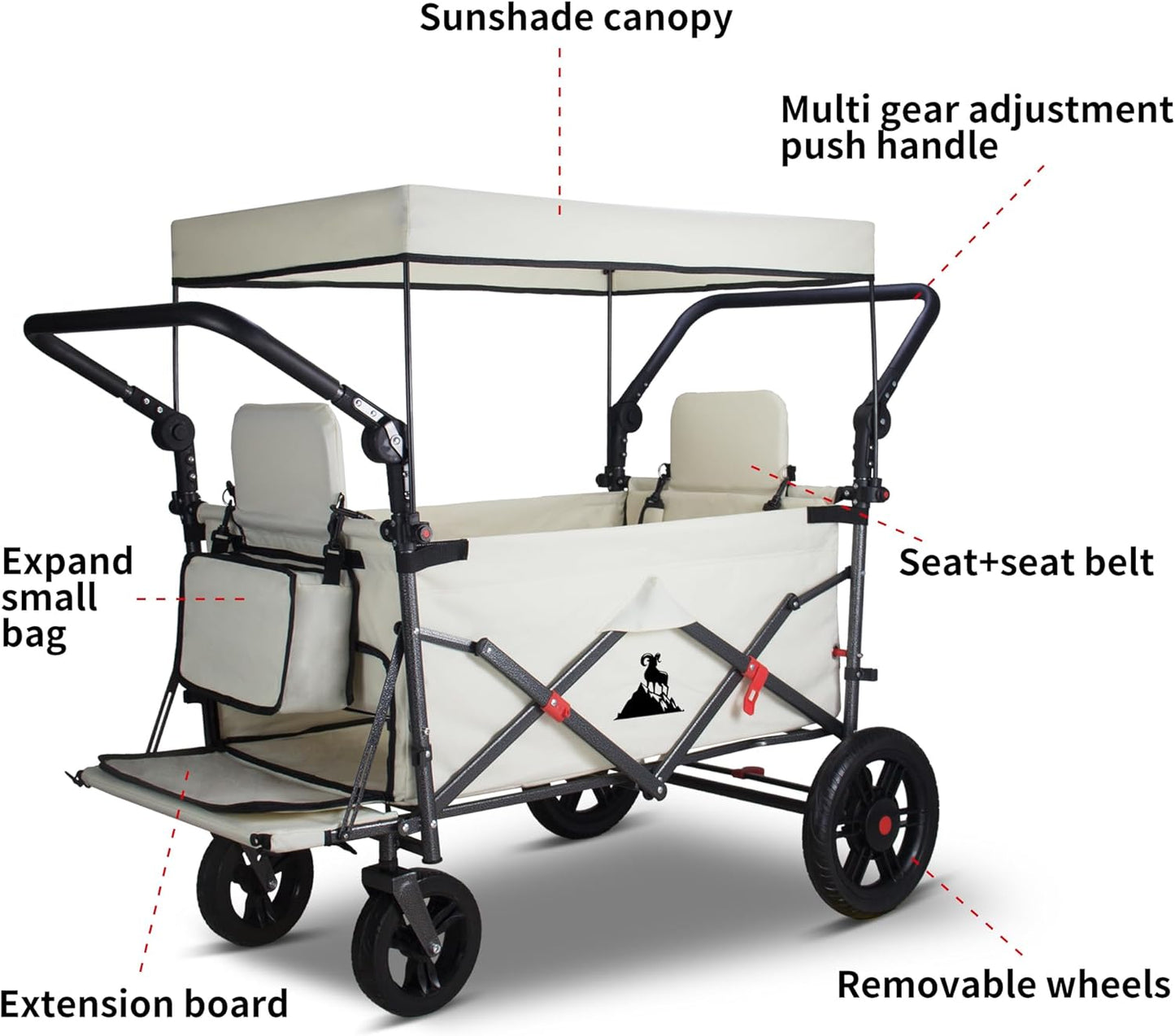 Foldable Wagon with Canopy - Collapsible Utility Cart with 2 Seats & Belts, Adjustable Handle, Expandable Front for Camping, Picnic, Shopping (Beige)