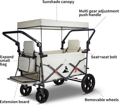Foldable Wagon with Canopy - Collapsible Utility Cart with 2 Seats & Belts, Adjustable Handle, Expandable Front for Camping, Picnic, Shopping (Beige)