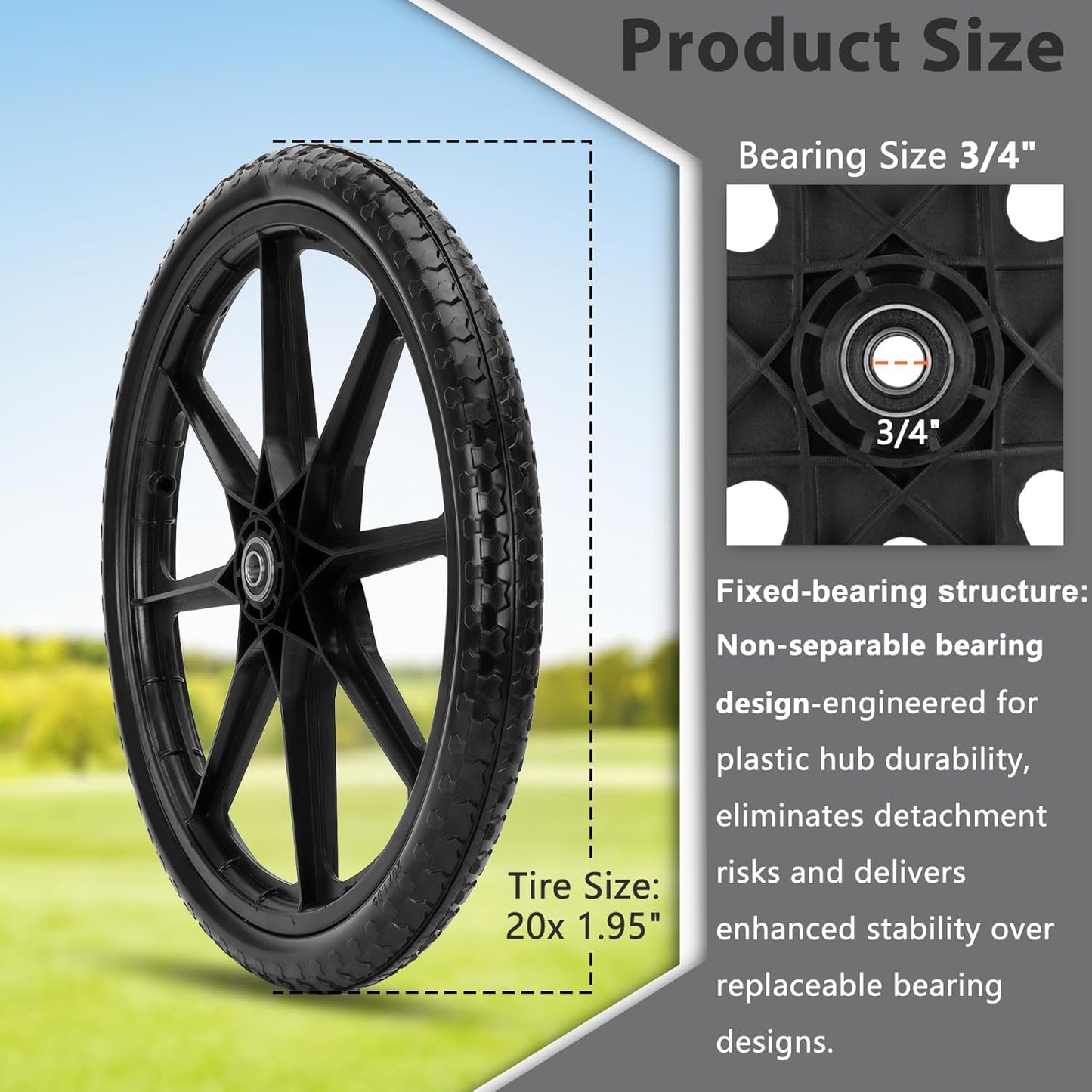 Upgraded 20x1.95" Flat Free Tires Compatible with rubber-maid Wheelbarrow Wheels, 20" Flat Free Tires with 3/4" Bearing Replacement for Cart Wheels/Big Wheel Utility Carts(3/4" Bearing)
