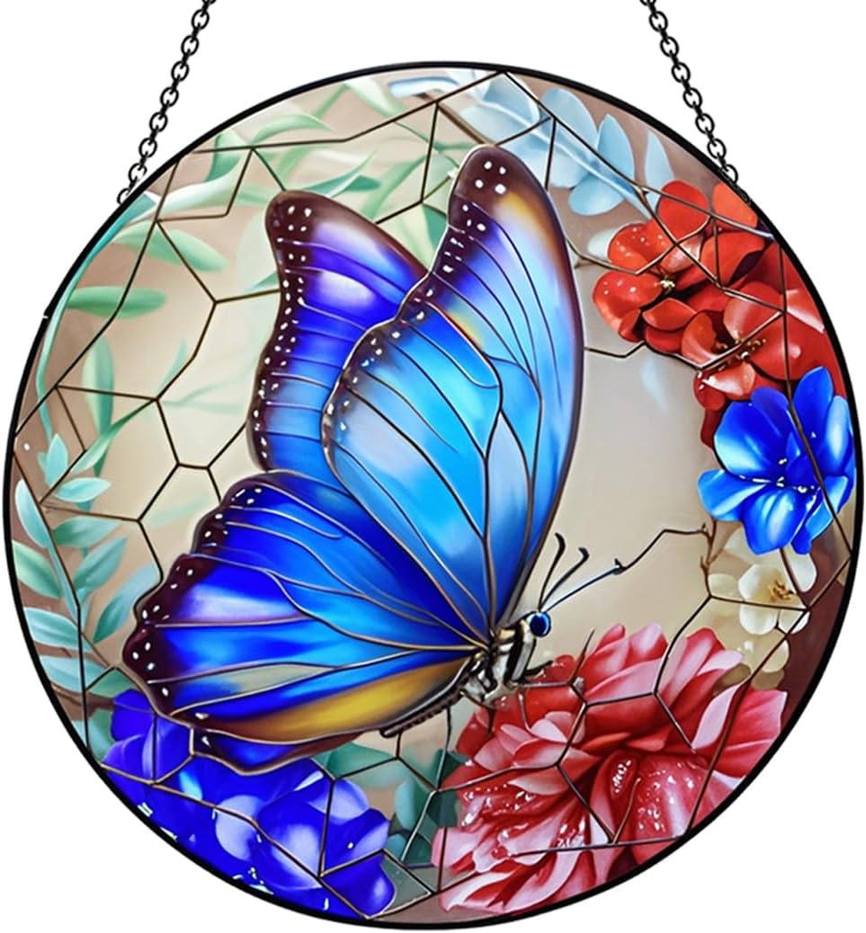 12 Inch Stained Glass Window Hanging,Large Butterfly Suncatcher, Stained Glass Suncatcher, Butterfly Home Wall Art Decor for Indoor Window, Hand Multicolor Panel Sun Catcher