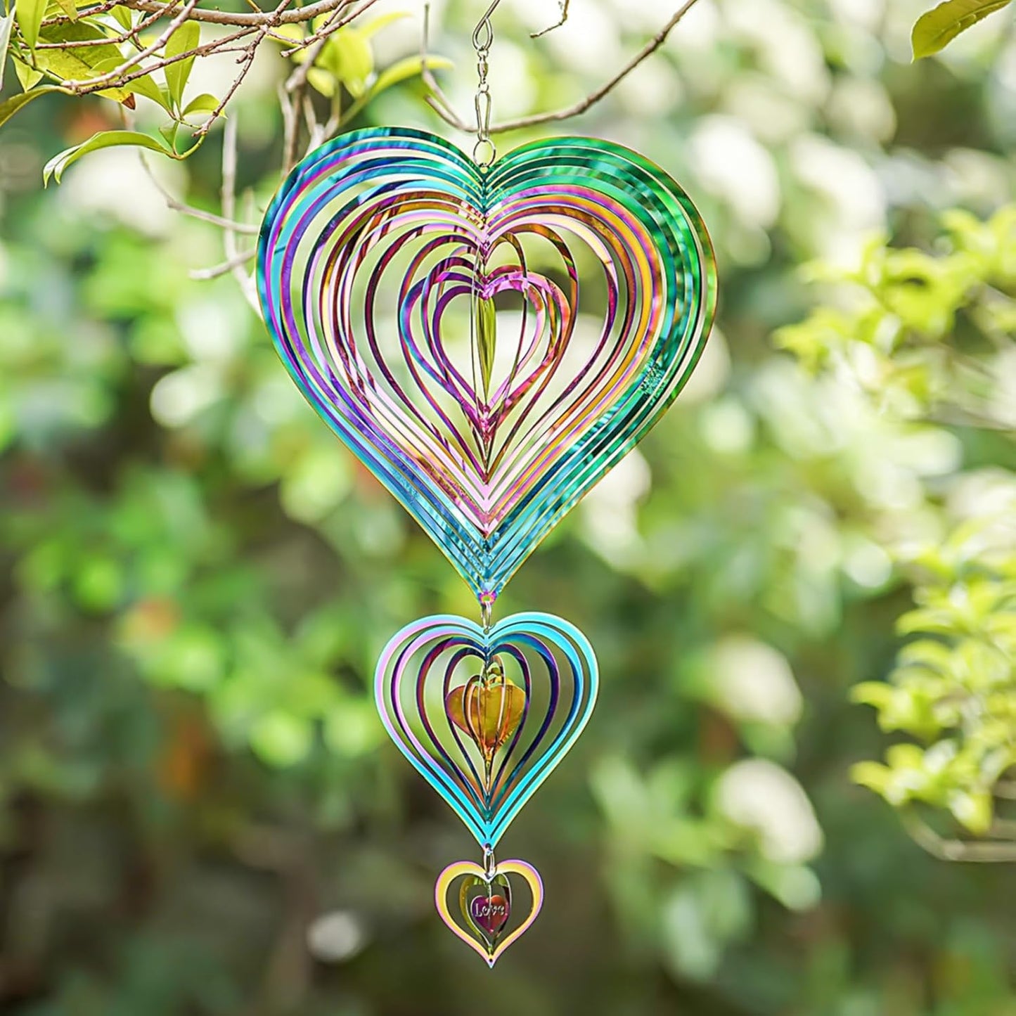 Wind Spinners Outdoor, 3D Heart, Gradient Rainbow Color, 14 inches Stainless Steel Metal, Hanging Wind Spinners, Garden, Yard Décor, Outside, Gifts for Women Mom Wife