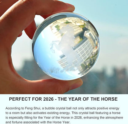 Crystal Ball Glass Globe Decor - Chinese Horse Sphere with Stand & Gift Box, Clear Decorative Globe, 3D Crystal Ball for Home Decor Photography, Gazing Divination Fengshui Meditation, 2.3 inch/60mm