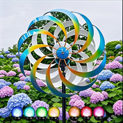Solar Metal Wind Spinner, Multi-Color Led Lighting Solar Powered Glass Ball Dual Direction for Outdoor Patio Lawn & Garden,Blue(13" W x 75" H)