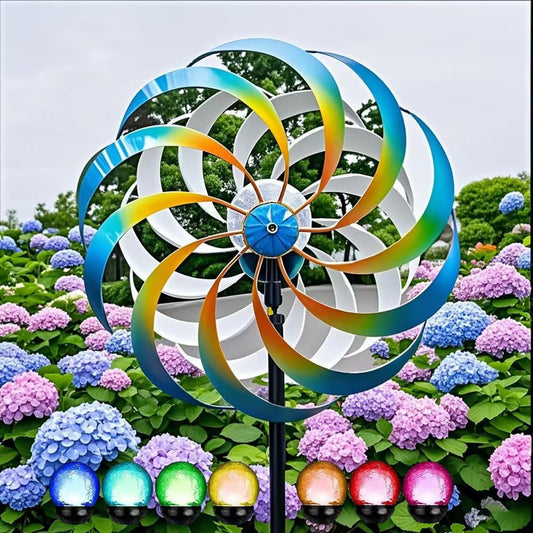 Solar Metal Wind Spinner, Multi-Color Led Lighting Solar Powered Glass Ball Dual Direction for Outdoor Patio Lawn & Garden,Blue(13" W x 75" H)