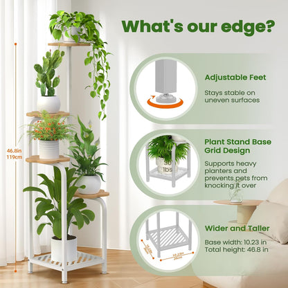 TOSKING 5 Tier Metal Plant Stand Indoor 48''H Tall ,Heavy Duty Plant Shelf , Corner Shelf Flower Pot Stand for Outdoor Plant Stand for Living Room Balcony Garden Patio Bedroom (5 Tier-White and Wood)