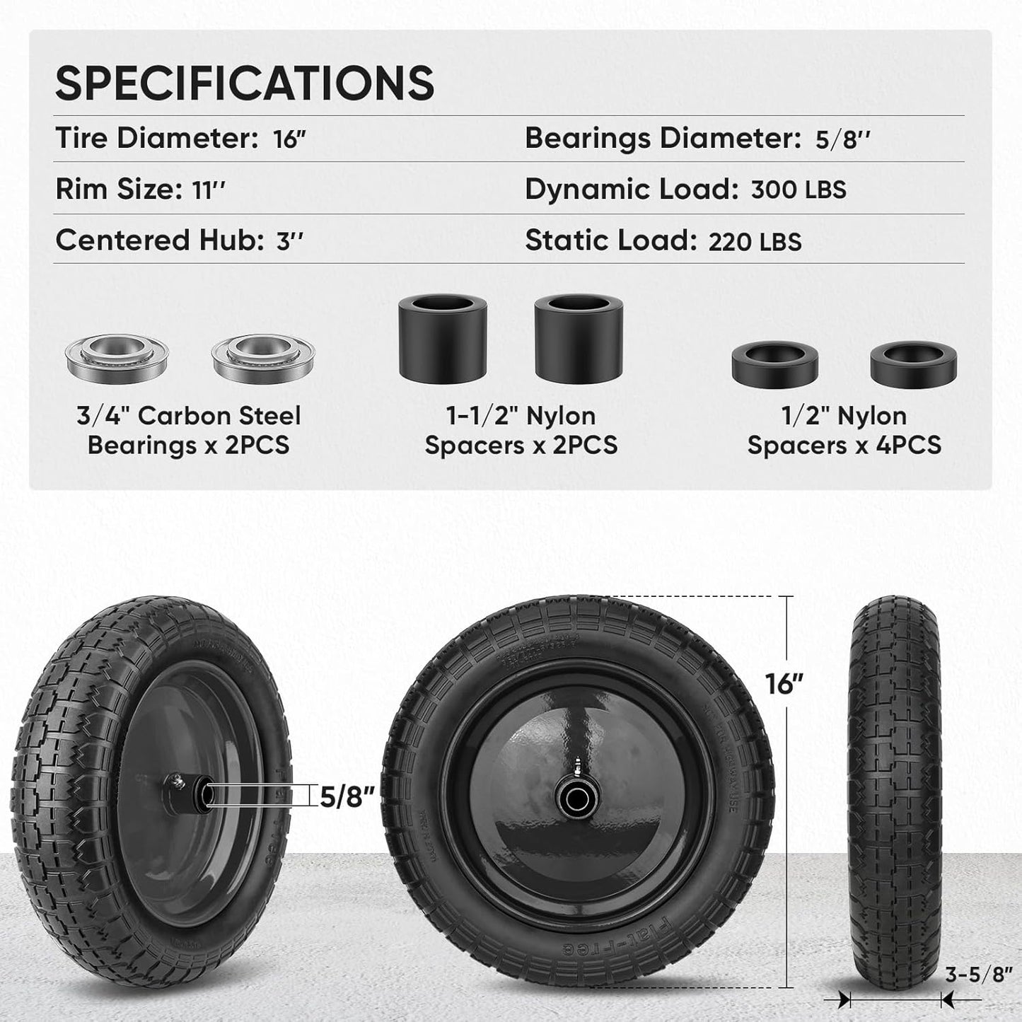 TICONN 4.80/4.00-8 Tire, 16" Flat Free Wheelbarrow Tire and Wheel, Solid Replacement Tires, 5/8" 3/4" Bearings, Universal Fit 4.80/4.00-8, 3.50/3.00-8, 4.00-6 (16" Black, 2PK)