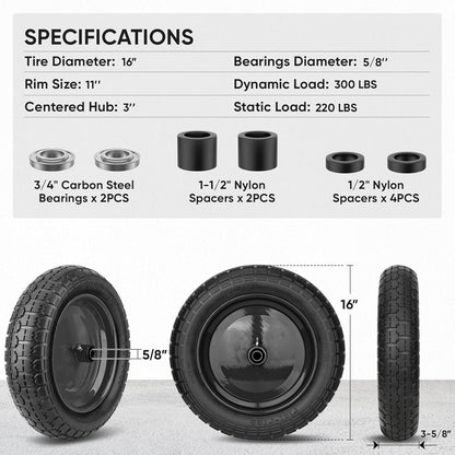 TICONN 4.80/4.00-8 Tire, 16" Flat Free Wheelbarrow Tire and Wheel, Solid Replacement Tires, 5/8" 3/4" Bearings, Universal Fit 4.80/4.00-8, 3.50/3.00-8, 4.00-6 (16" Black, 2PK)