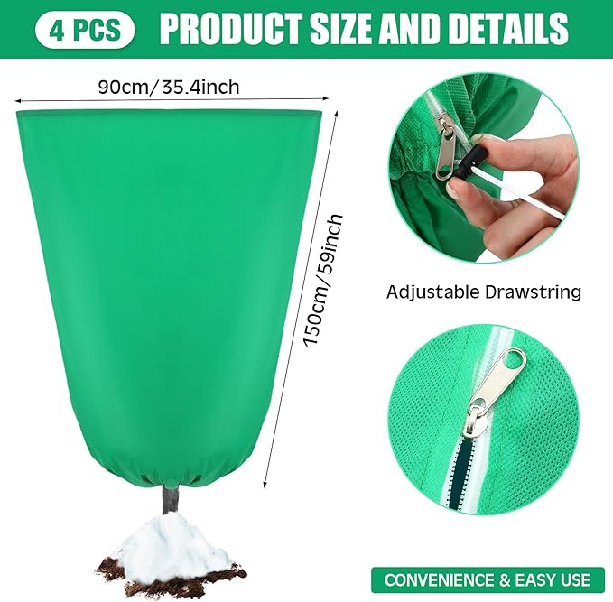 4 Pcs Plant Covers Freeze Protection 35.4" x 59" Winter Frost Blankets for Outdoor Plants with Zipper Drawstring Frost Cloth Freeze Covers Warm Shrub Jacket for Fruit Tree Potted(Green)