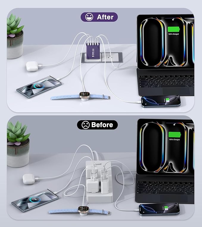 [2-Pack] USB C Wall Charger, 50W Charger Block 5-Port PD Fast Charging Blocks,Multiport 2USB C+3USB A Plug,Type C Power Adapter Brick Cube for iPhone 16/15/14/13/Pro,Samsung,for Switch（Purple）