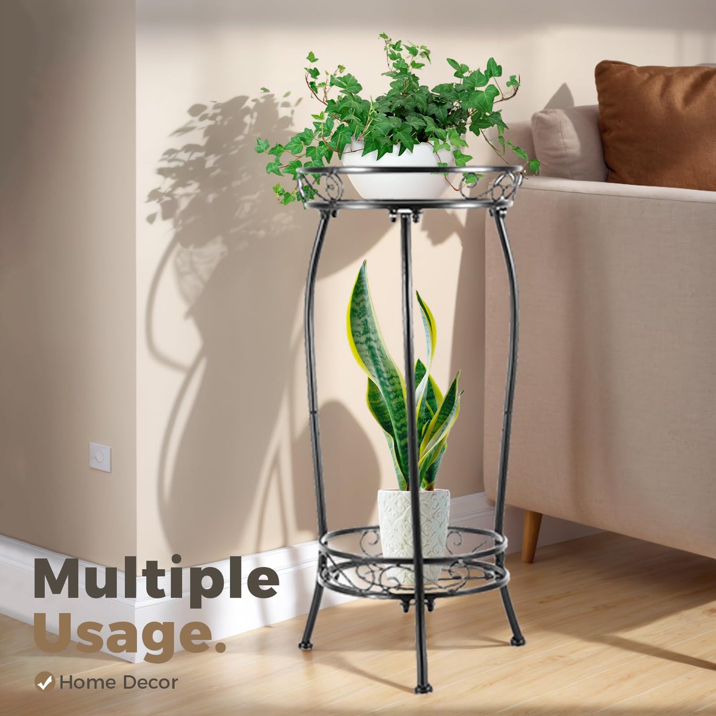 Kavlium Plant Stand Indoor Outdoor, Tall Black Metal, 2 Tier 27.1 Inch