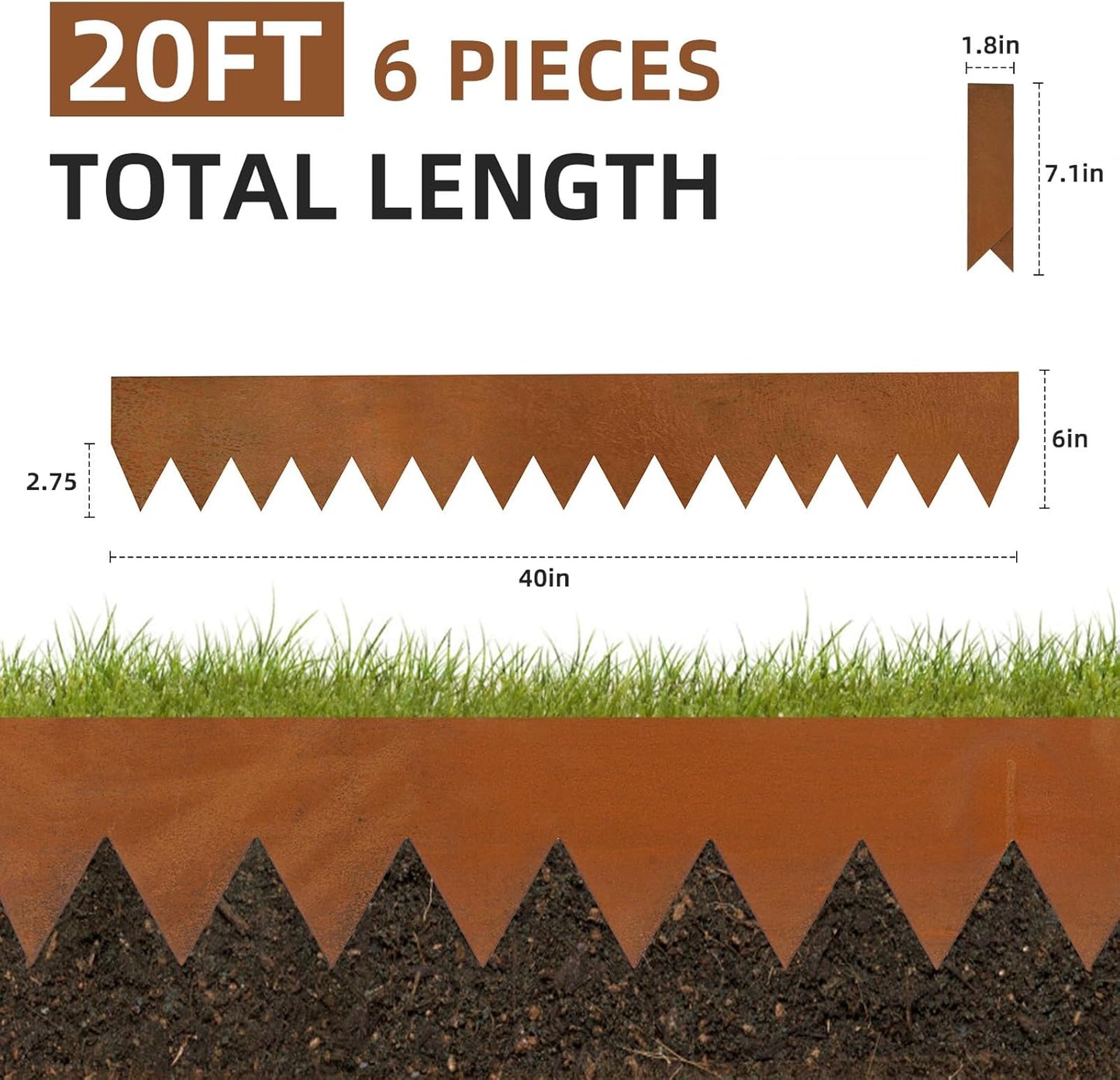 Weathering Steel Edging 6 Pack, 40" L x 6" H Depth Corten Steel Landscape Edging Kit Rust Patina Finish, 20ft Total Metal Edging for Landscaping, Metal Garden Border & Lawn Edging