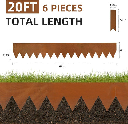 Weathering Steel Edging 6 Pack, 40" L x 6" H Depth Corten Steel Landscape Edging Kit Rust Patina Finish, 20ft Total Metal Edging for Landscaping, Metal Garden Border & Lawn Edging