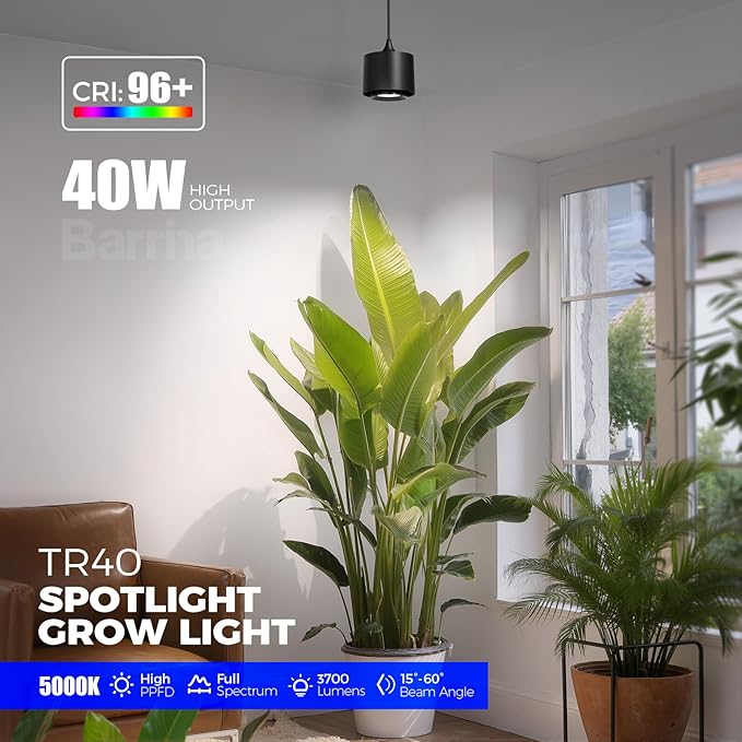 Barrina TR40 Hanging Grow Lights for Indoor Plants, 40W 5000K Full Spectrum, Adjustable Beam Angle, High PPFD, Spotlight Grow Light with Timer for Indoor Growing, Large Tall Plant, Flowers