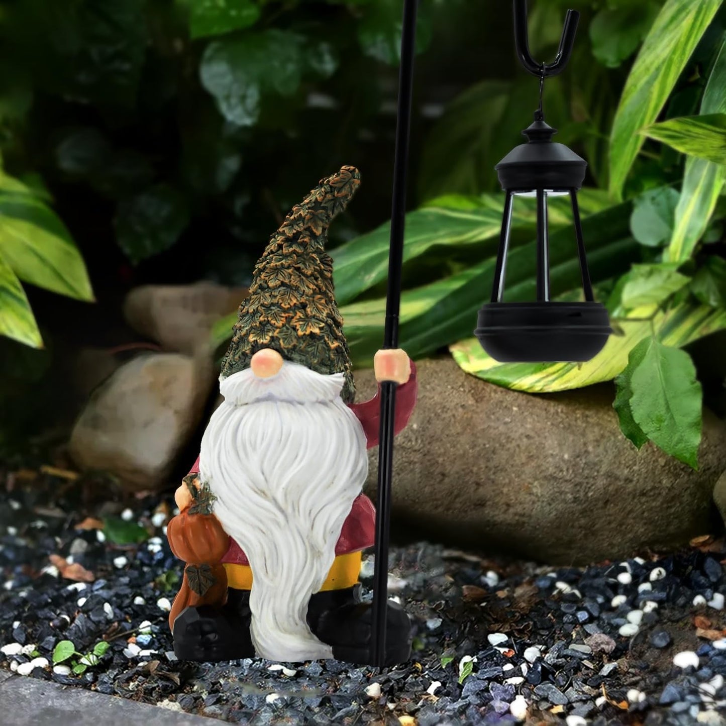 Garden Gnome with Solar Lantern, Maple Leaves Hat, Outdoor Garden Figurine Lights, Unique Gift for Women, Mom, Friends (Maple Leaves Gnomes)
