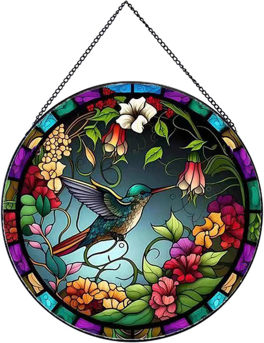 Hummingbirds and Flowers Pattern Suncatcher Stained Glass,Hanging Stained Glass for