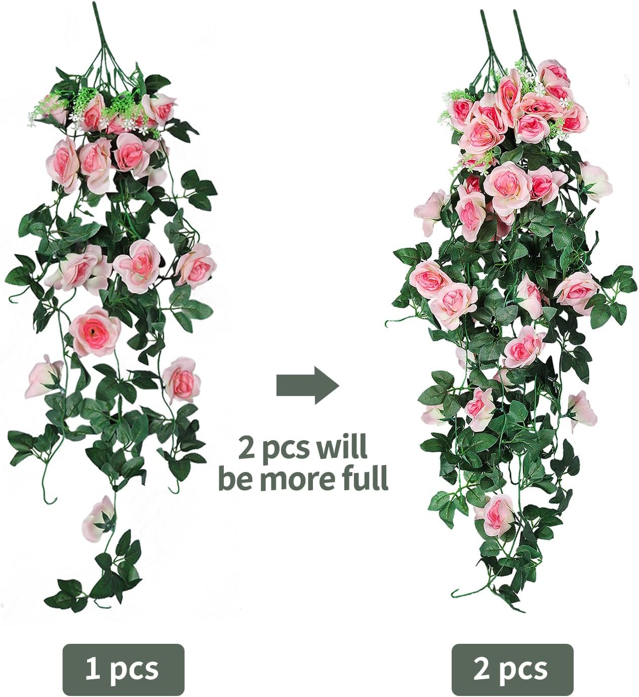 RECUTMS 4pcs Hanging Rose Flower Artificial Plants 32-in Fake Ivy Vine with 30 LED Fairy String Lights Outdoor UV Resistant Plastic Roses for Home Room Wedding Decor (Champagne)