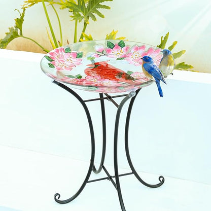 MUMTOP Outdoor Glass Birdbath with Metal Stand for Outside Lawn Yard Garden Cardinal Decor,18??Dia/21.65 Height