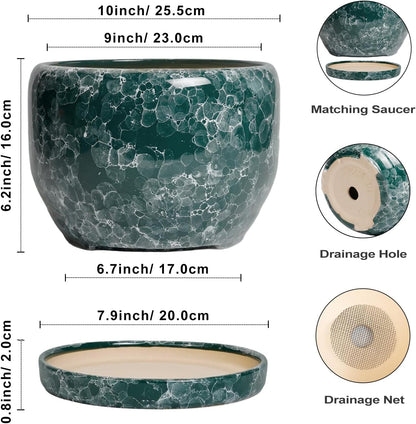 SQOWL 10 Inch Plant Pot - Ceramic Planter for Indoor Plants Outdoor, Large Ceramic Flower Pot with Drainage Hole and Saucer, Decorative Round Planter, Living Room Decor, Gifts for Women Men, Green