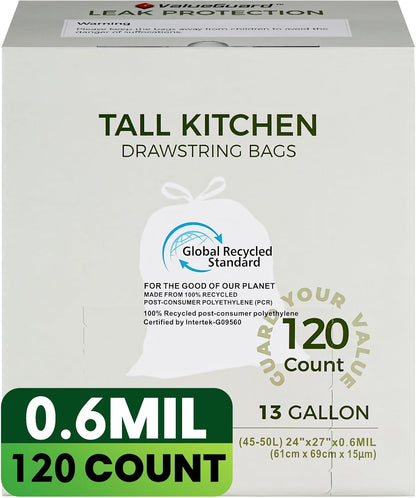 Large Trash Bag 13 Gallon Tall Drawstring 100% Post-Consumer Recycled Garbage Bag Waste Bag for Kitchen Office