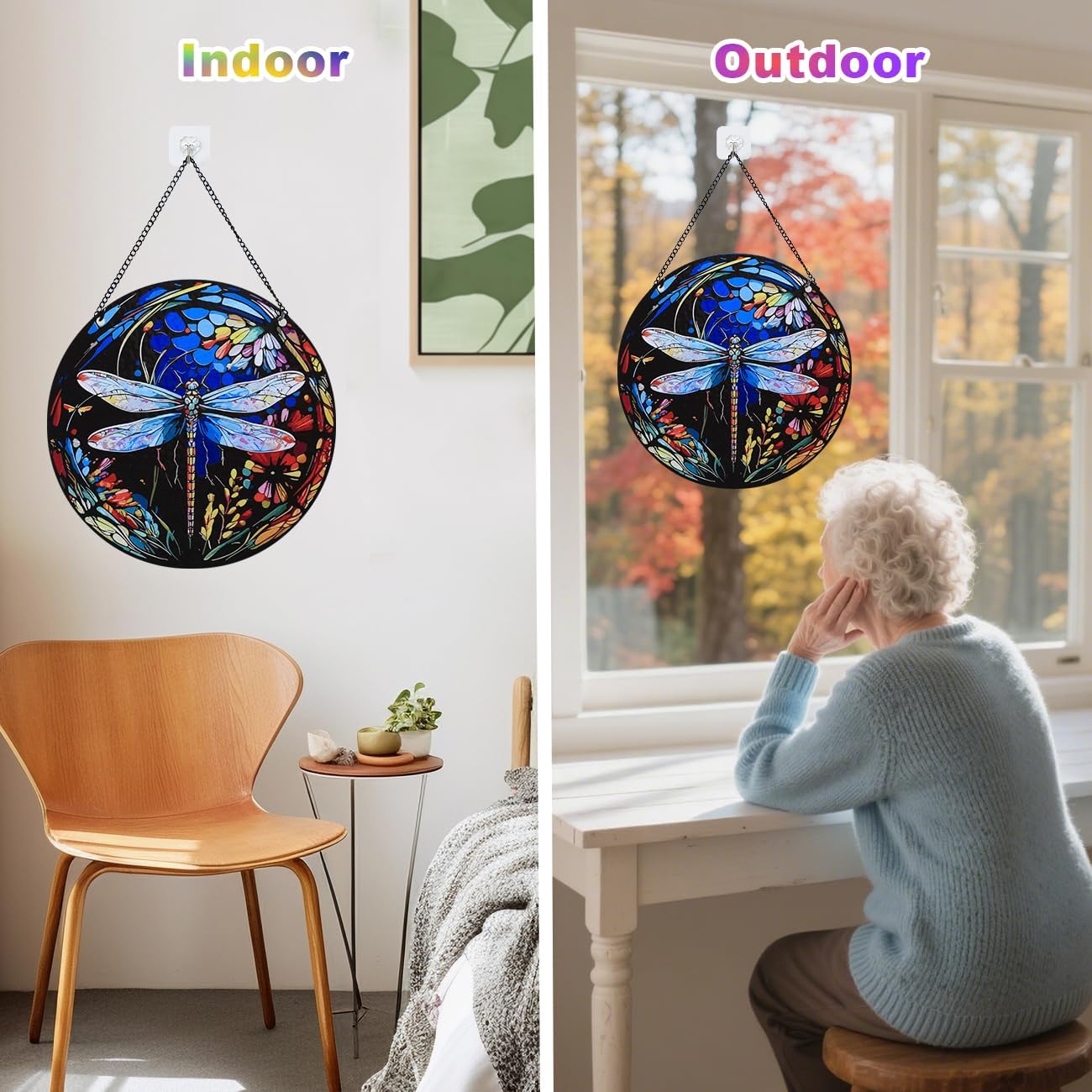 Stained Glass Window Hanging - Dragonfly Stained Glass Suncatcher, Sun Catchers for Indoor Window Decor, Gift for Women,Mom,Friends (12 Inch)