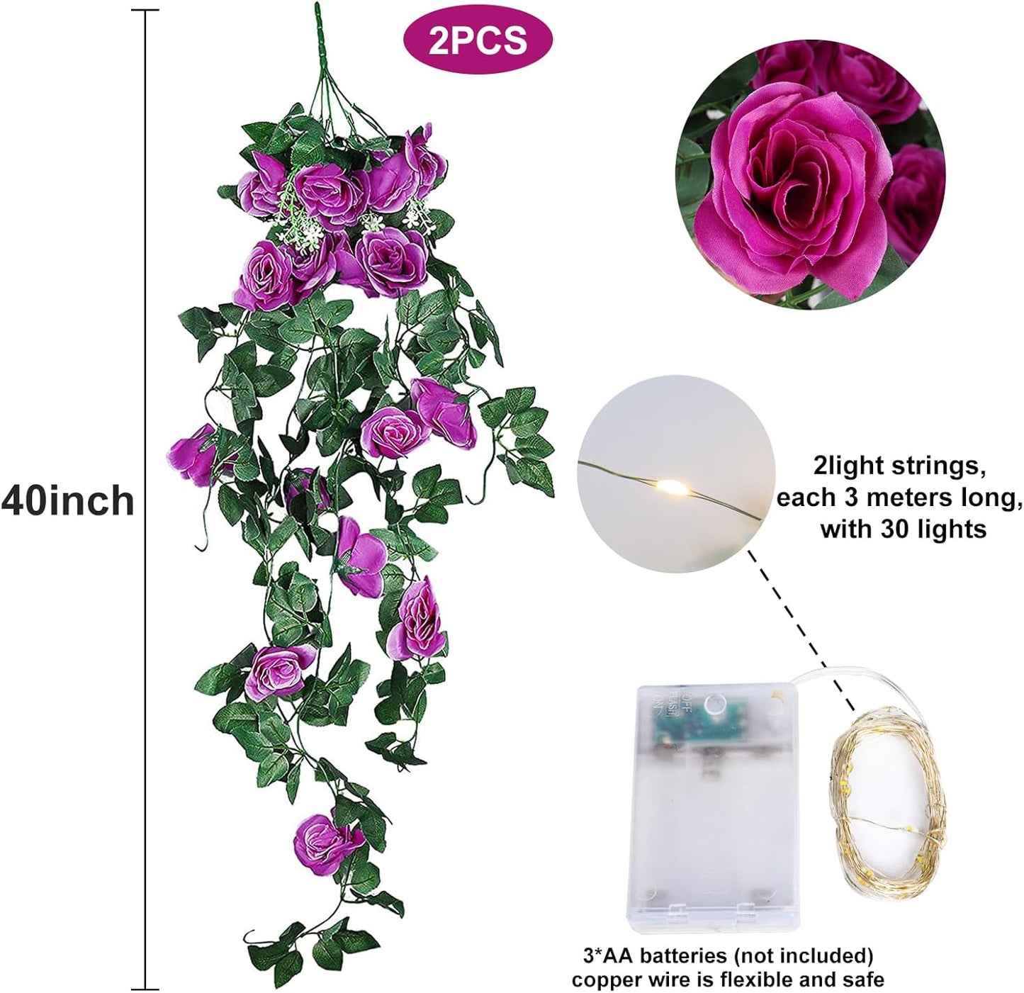 RECUTMS Artificial Hanging Rose Flower 2PCS 3.3Ft Flowers for Outdoors with 30 LED Fairy String Lights Fake Indoor Outdoor Wall Wedding (Purple)