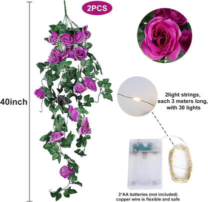 RECUTMS Artificial Hanging Rose Flower 2PCS 3.3Ft Flowers for Outdoors with 30 LED Fairy String Lights Fake Indoor Outdoor Wall Wedding (Purple)