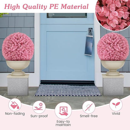 Goplus 17.5 Inch Topiary Balls Artificial Outdoor Set of 2, Faux Pink Eucalyptus Decorative Balls, Fake Plant Sphere, Round Artificial Plant Balls for Front Door, Porch, Backyard, Home Décor