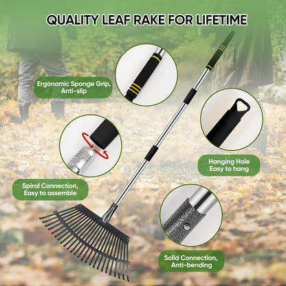 Rake Heavy Duty 6FT Long Garden Rake , 18.5 Inch Wide, 25 Metal Tines, Adjustable Stainless Steel Handle, Leaf Rakes for Leaves, Yards, Grass, Garbage, Weeds, Debris (Black)
