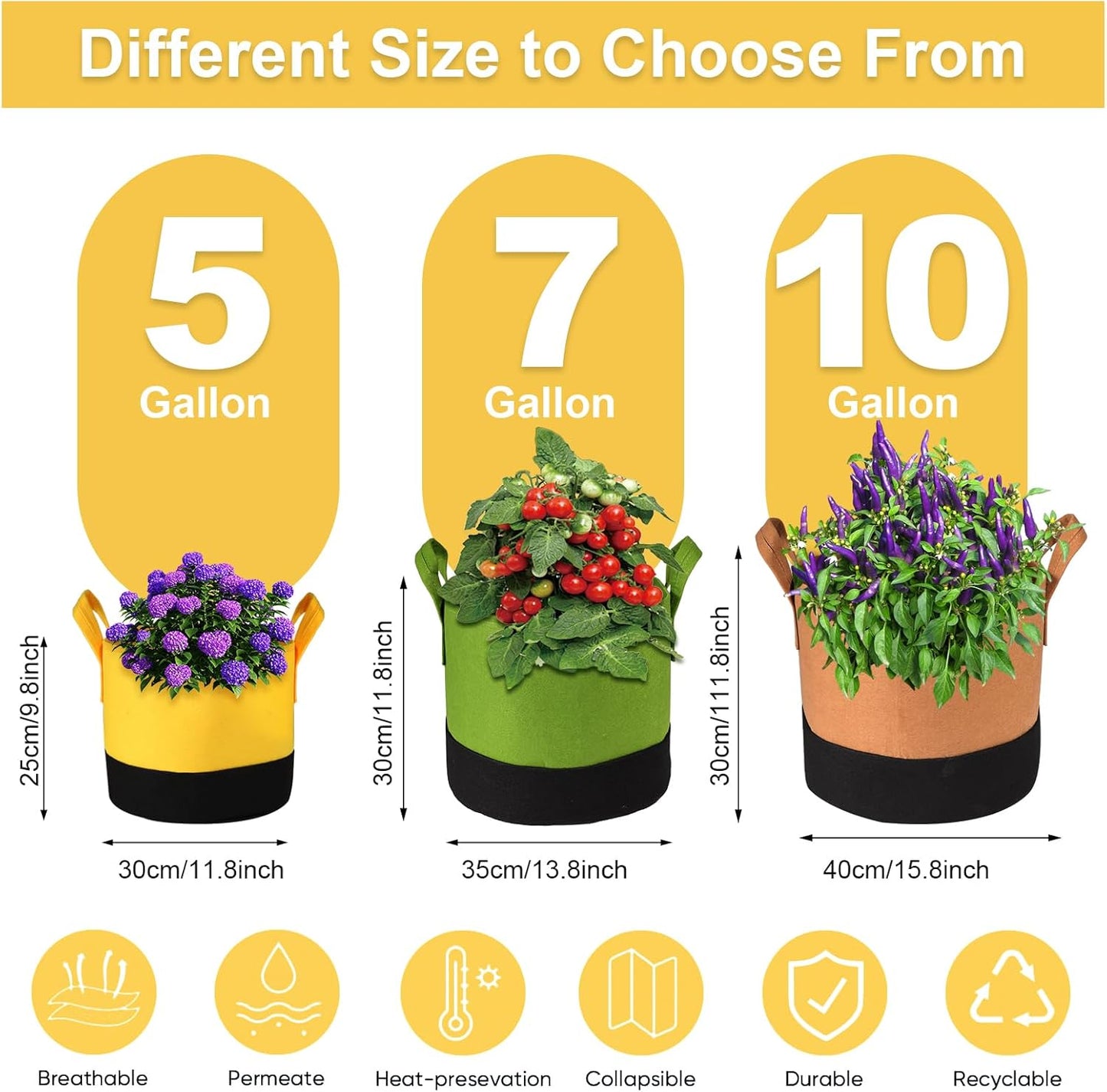 Grow Bags 10 Gallon,6 Pack Fabric Plant Pots with Handles Planter Bag for Outdoor Garden Planting Vegetables Flowers Fruit