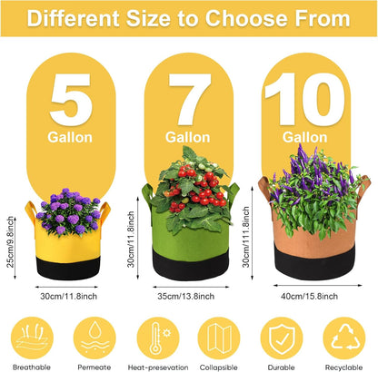 6-Pack 5/7/10 Gallon Grow Bags - 350G Heavy Duty Fabric Pots with Handles, Multi-Size Planter Bags for Potatoes Tomatoes Vegetables Fruit Flowers Herbs