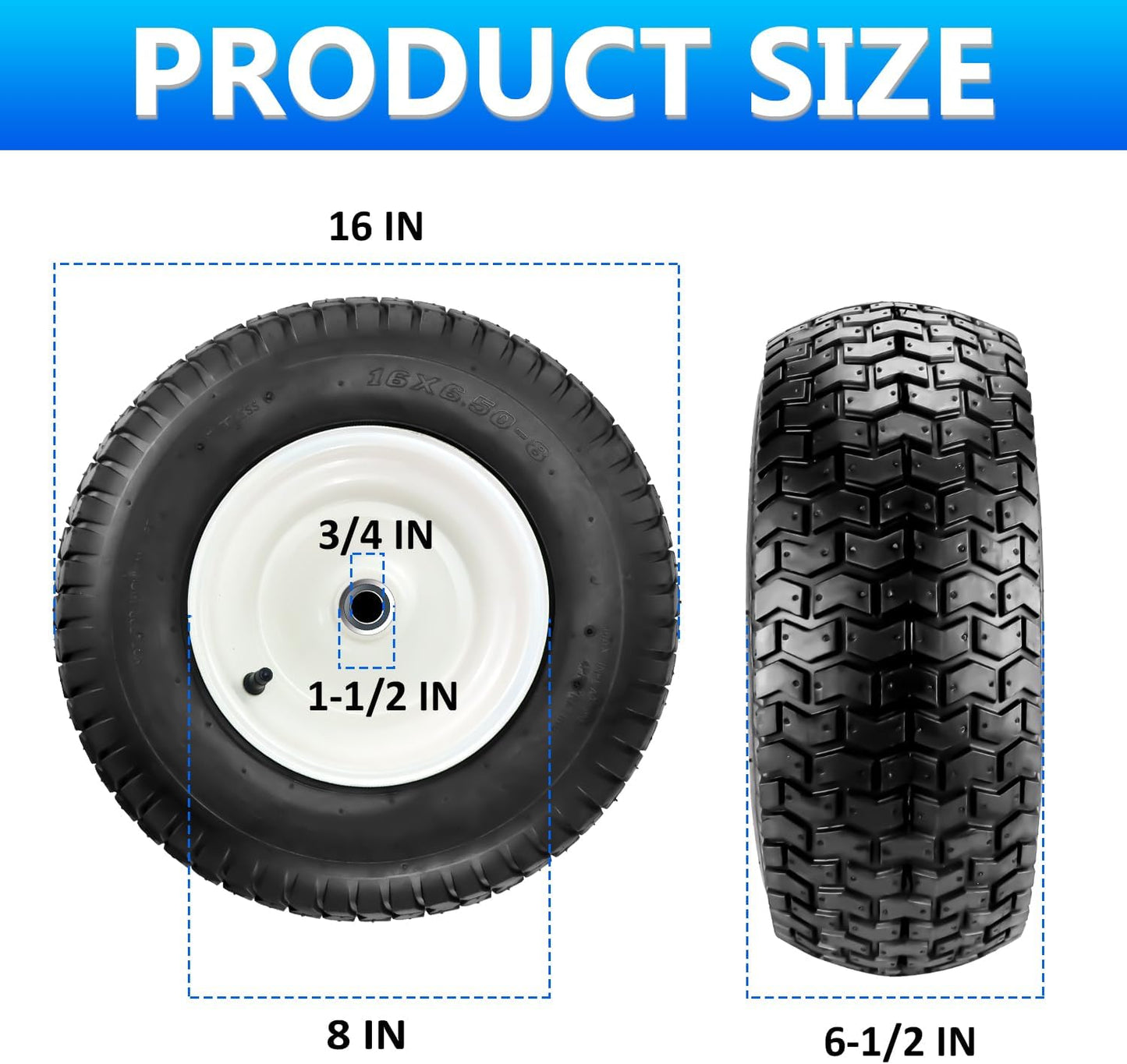 Cenipar 16x6.50-8" Lawn Mower Tire and Wheel with 3/4" Iron Bushing, 3" Offset Hub 4 Ply Heavy Duty Replacement for Craftsman Mower, Garden Lawn Tractors (2-Pack)
