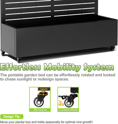 15.7"×70.9"×47.2" Metal Raised Garden Bed with Trellis and Wheels - Tall Trellis Planter Box for Climbing Plants, Vegetables & Vines - Outdoor Privacy Planters for Patio (Black-Louvered)