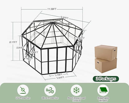 Jocisland 12x10x8 FT Hexagonal Greenhouse for Outdoors, Quick-Connectors, Aluminum Frame with 2 Vents, 2 Swing Doors, and Walk-in Design for Garden or Backyard, Black