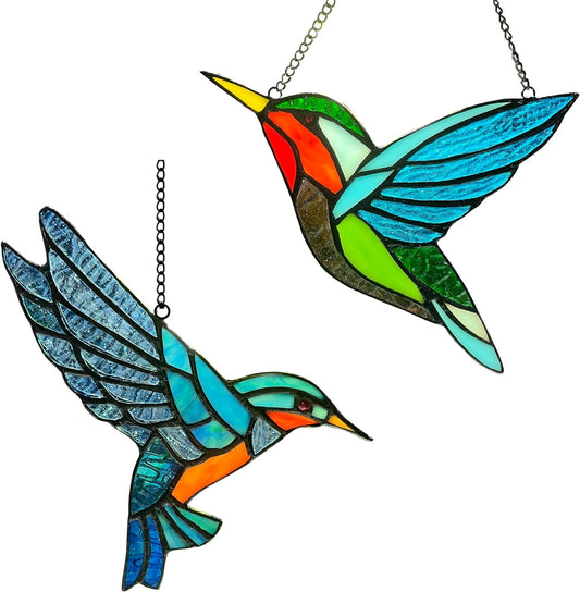 2 Pack Hummingbird Stained Glass Birds Window Hangings, Stained Glass Decorations,Bird Suncatcher