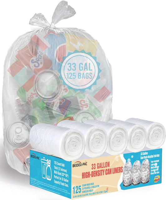 33 Gallon Trash Bags, 125 Count Bulk, Heavy Duty Clear Plastic Recycling Bags, Multi-purpose