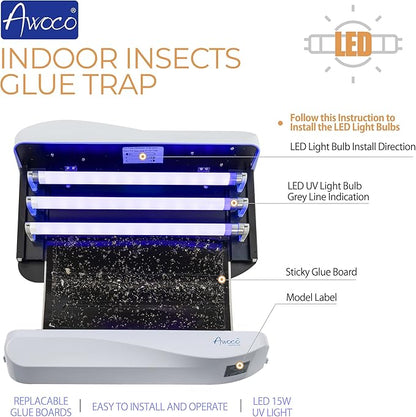 Awoco LED 15W 100V-240V Wall Mount Sticky Fly Trap Lamp with 3 LED UV Lights for Capturing Flies, Mosquitoes, Moths and Flying Insects (Fly Trap)