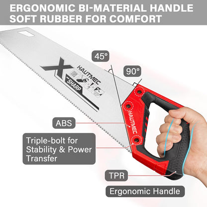 HAUTMEC 18" X-Sharp Pro Hand Saw for Speed and Quality Cuts, Universal Handsaw with 7 TPI /8PPI Triple Ground Teeth, 1mm Thick Blade Ergonomic Bimaterial Soft Handle – HT0151