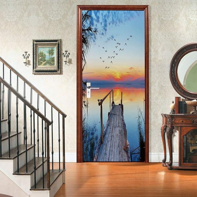 3D Door Stickers Murals - PIER - Peel & Stick - Waterproof & Washable - Matt Finish - Realistic Blue Birds - Adults - Wall & Door - Decoration