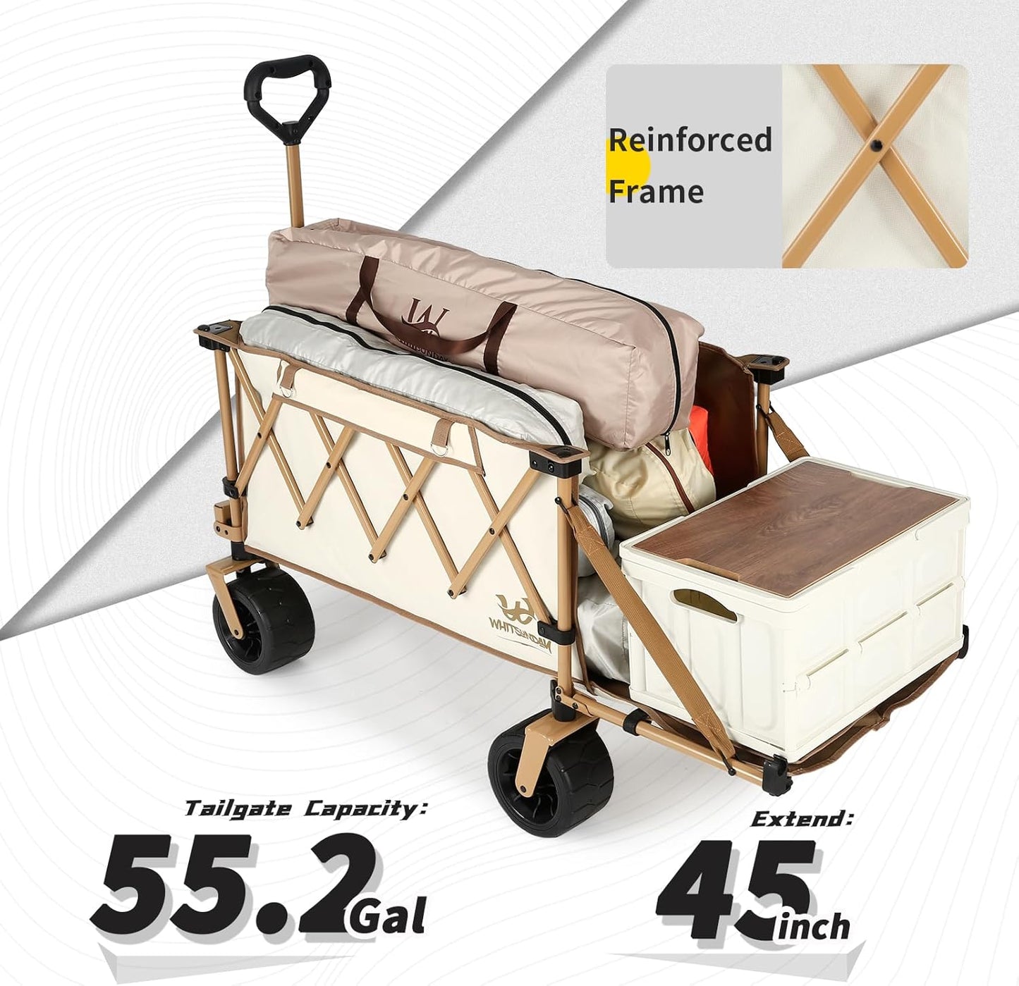Whitsunday Collapsible Folding Wagon Heavy Duty Utility Beach Wagons with Opened Tailgate and All-Terrain Wheels for Camping,Garden,Sports Beige