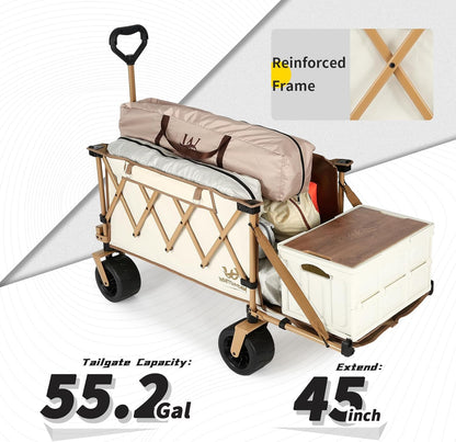 Whitsunday Collapsible Folding Wagon Heavy Duty Utility Beach Wagons with Opened Tailgate and All-Terrain Wheels for Camping,Garden,Sports Beige