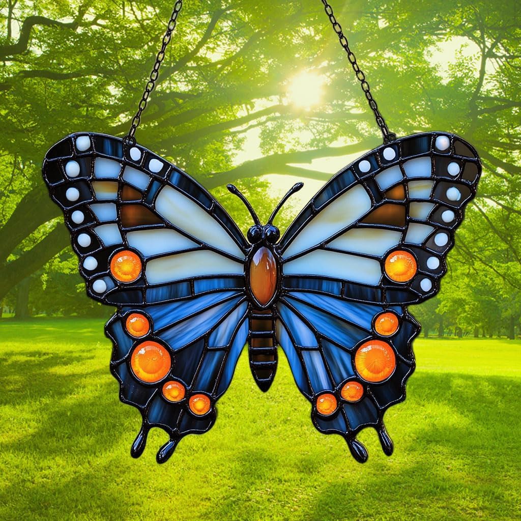 Night Monarch Butterfly Acrylic Suncatcher Stained Glass Effect Window Car Hanging Christmas Ornament Indoor Outdoor Decor Garden Sun Catcher Panel for Butterfly Lover for Women Mom Grandma
