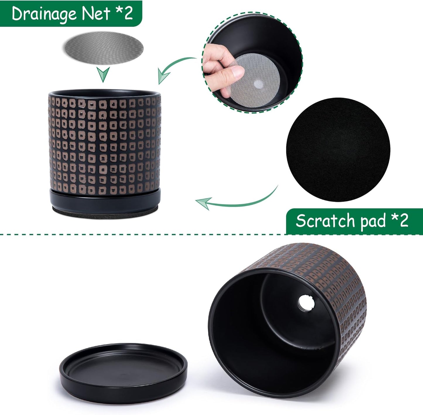 D'vine Dev Set of 2 Ceramic Planter Pots with Drainage Hole and Saucer, 6 Inch Plant Pots for Plants Indoor Houseplants, Black, 99-Z-A-2-Y